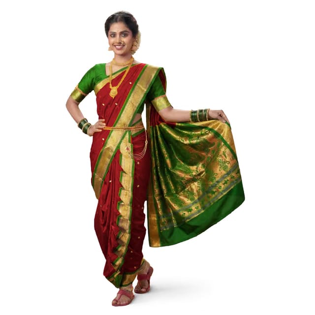Women's Regular Nauvari (Unstitched) Paithani Saree 9 Yard Art Silk Woven Zari Border & Rich Pallu with Unstitched