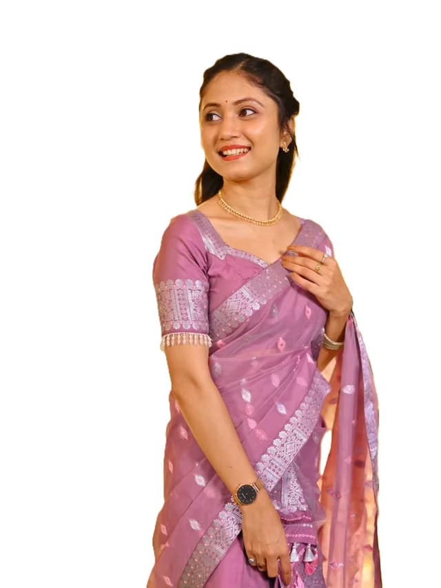 Assamese Traditional Mekhela Chador Cotton Woven Design Two Piece Outfit With Coordinated Blouse Piece Pink Free