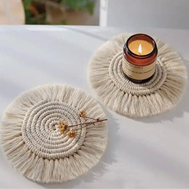 Tms Cotton Boho Circle Macramé Coaster with Fringe, Off-White, 15.24 Cm Diameter, Natural Fibers, Handcrafted