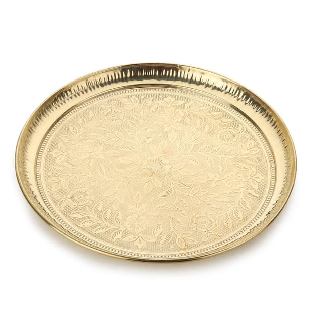 Handmade Pure Brass Puja Thali with Flower Embossed Design