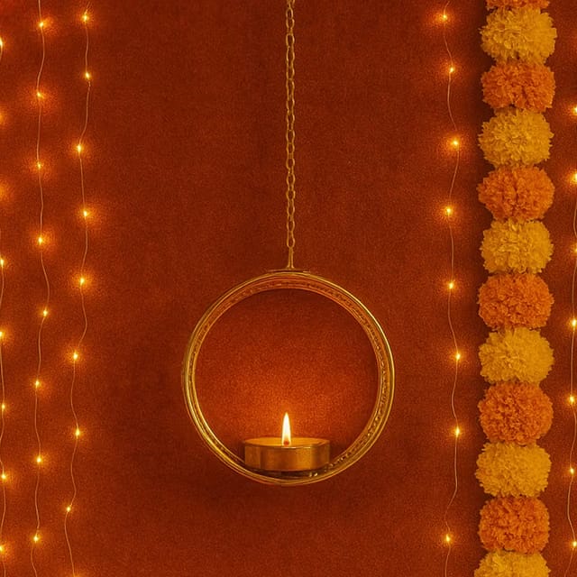 Hanging Round Metal Tealight Candle Holder with Chain Set of 2pcs Handcrafted Floral Cut Design Candle Stand for Diwali
