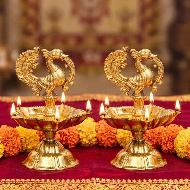Anciently Brass Peacock Diya (8.5 CM Height, 2 Piece Combo)