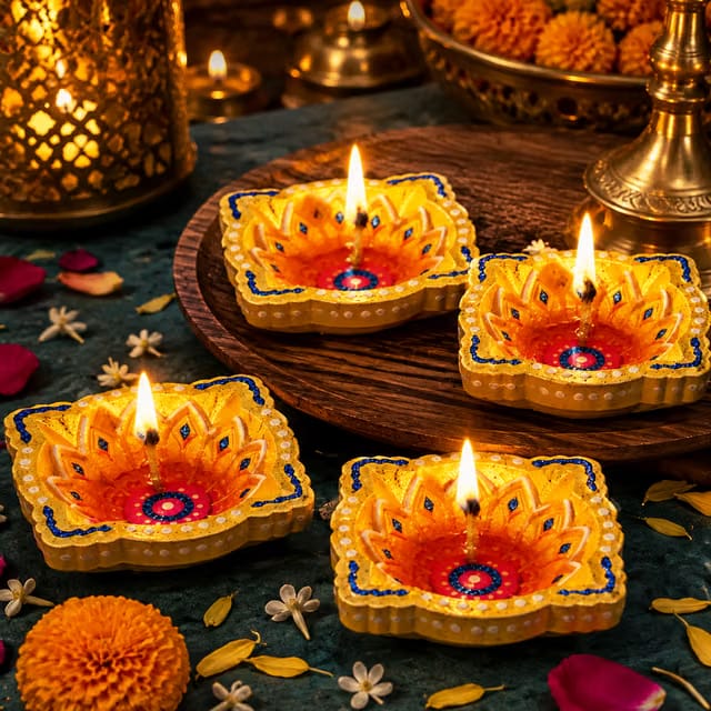 Traditional Clay Diyas for Diwali Pooja & Decoration Pack of 4 Multicolour by Party Popz