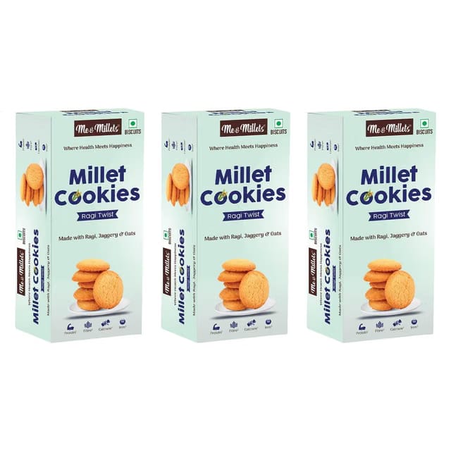 ME & MILLETS Ragi Twist Cookies, Millet Biscuits Rich in Protein & Fiber, Jain Friendly Tea-Time Snack, 75g x 3