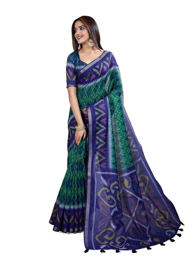 Women’s Pochampally Ikat Saree, Green and Blue Geometric Pattern, Handloom Cotton Silk