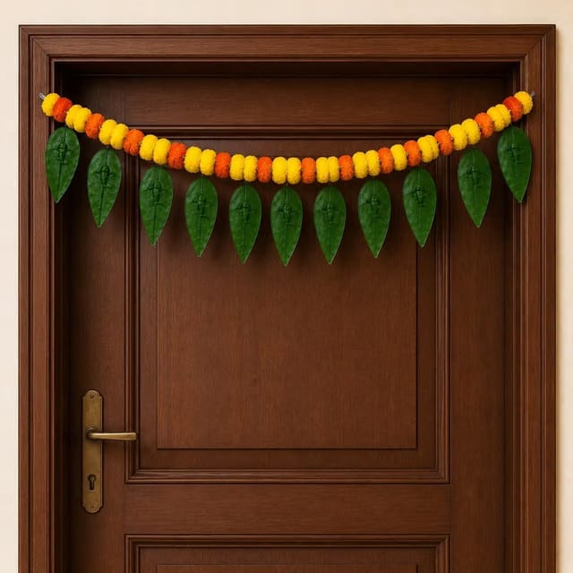 Mango Leaves Toran for Main Door – 1 Pc Size 50 Inch Artificial Marigold & Mango Leaf with Ganesh ji Bandhanwar for