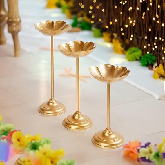 SZH Modern Decorative Metal Tealights Candle Stands Holders |Brass Toned Diwali Pooja Hindu Festival Iron Indoor Outdoor
