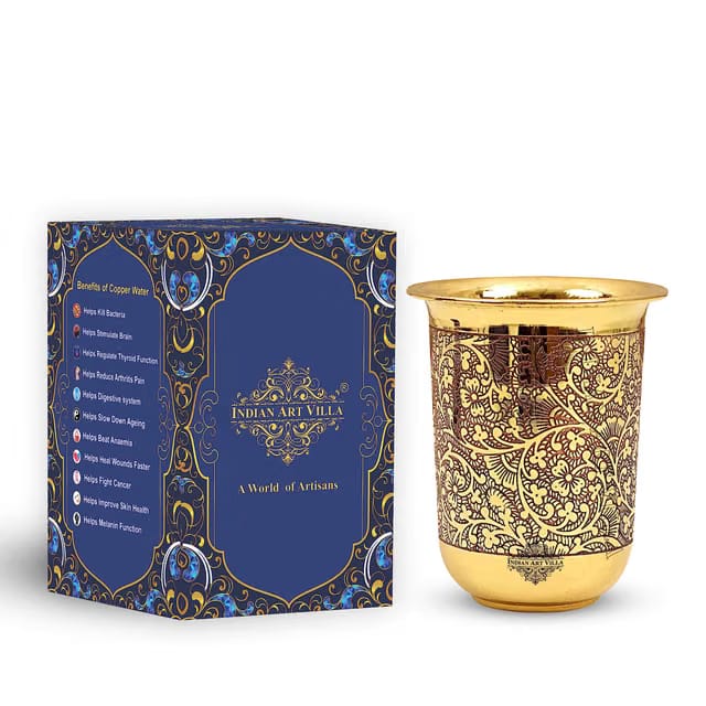 Pure Brass Glass Tumbler, for Drinking Serving Water, Yoga & Ayurveda (Pack of 1, Floral Embossed Design)