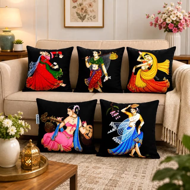 CIDIZY Velvet Traditional Rajasthani Cushion Covers, 16 X 16 Inch, Multicolour, Set of 5