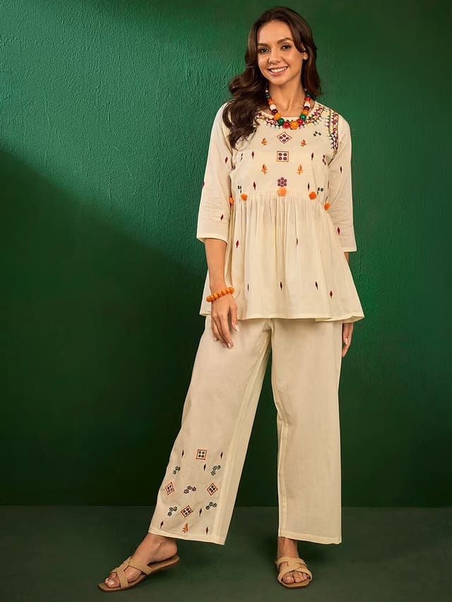 Embroidered Cotton Top With Palazzos Co-Ords