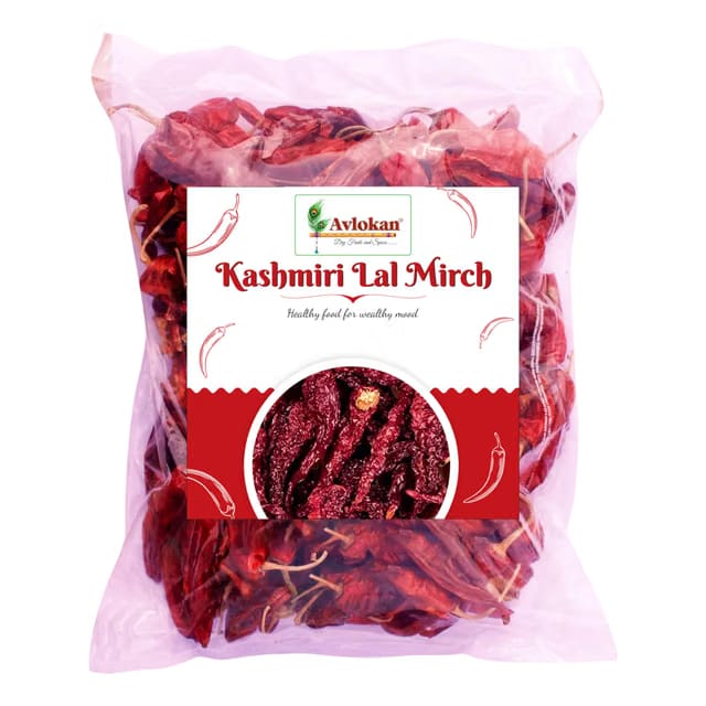 Avlokan Kashmiri Red Chilli Whole with Stem - 100% Natural, Hot & Spicy Dried Red Chilli