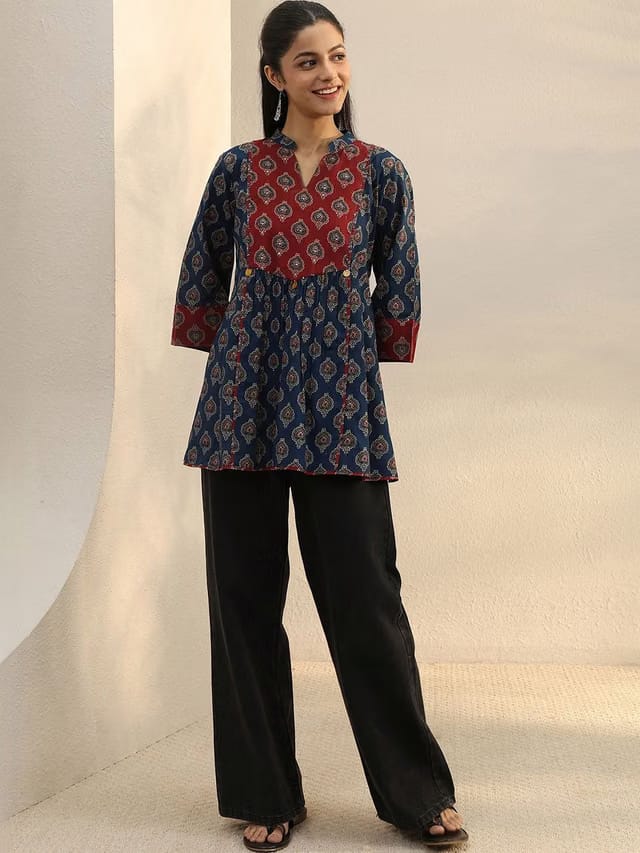 Libas Blue Ajarkh Printed Cotton A-Line Short Kurti