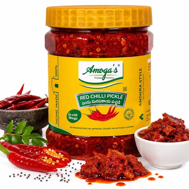 Amoga's Pickles Factory Red Chilli Pickle,Andhra Authentic 100% Natural Handmade Pickles
