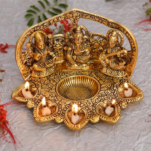 Collectible India Laxmi Ganesh Saraswati Idol Diya Oil Lamp Deepak - Metal Lakshmi Ganesha Showpiece Statue