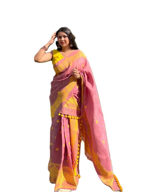 Assamese Mekhela Chador Cotton Woven Traditional Two Piece Ethnic Set With Blouse Piece Elegant Outfit Gajri Free