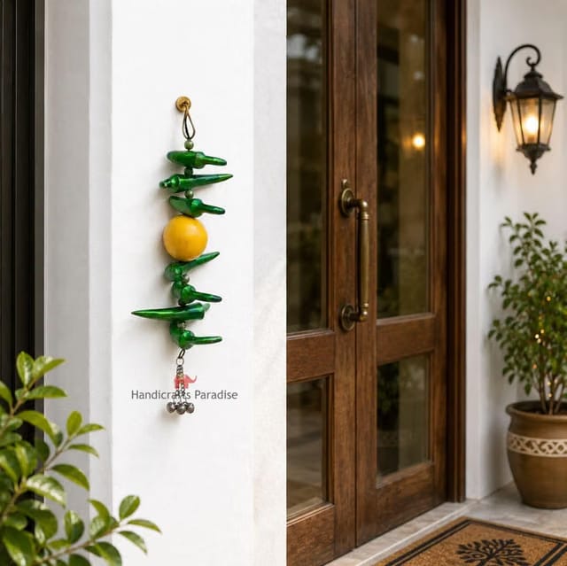 Handicrafts Paradise Nimbu Mirchi Hanging Evil Eye Protection Green Chili & Lemon Design Nazar Battu Door Hanging for