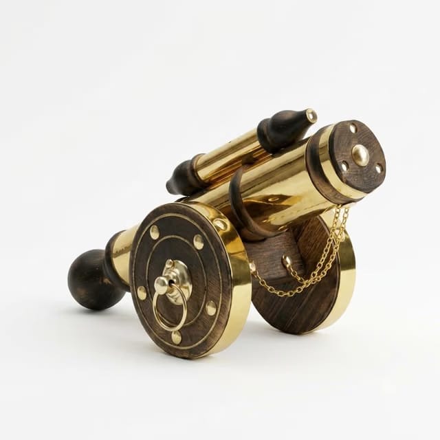 Royal Vintage Brass & Wooden Cannon Showpiece (Gold & Brown)