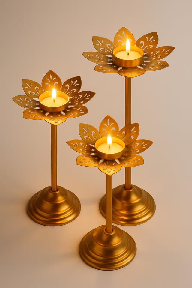 FK HANDICRAFTS Decorative Lotus Tealight Candle Holder Set, Gold Metal, 3-Piece Stand Collection