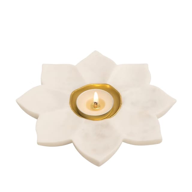 Venktesh Designs Makrana White Marble Lotus Design Tea Light Diya/Deepak