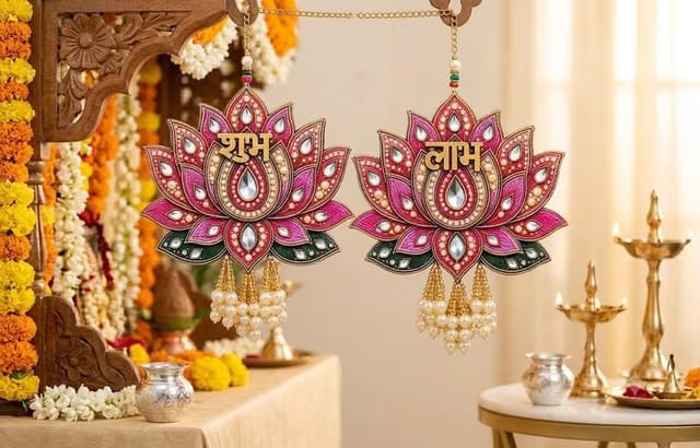 Diamond Lotus Shubh Labh Wall Hangings with Pearl Tassels