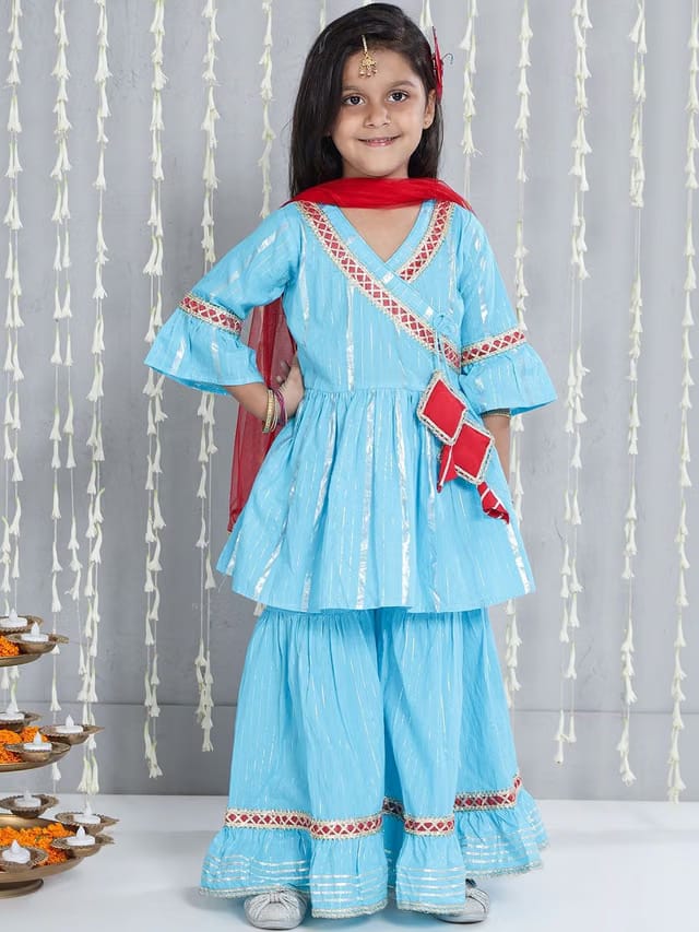 Girls Angrakha Gotta Patti Pure Cotton Kurta with Sharara & With Dupatta