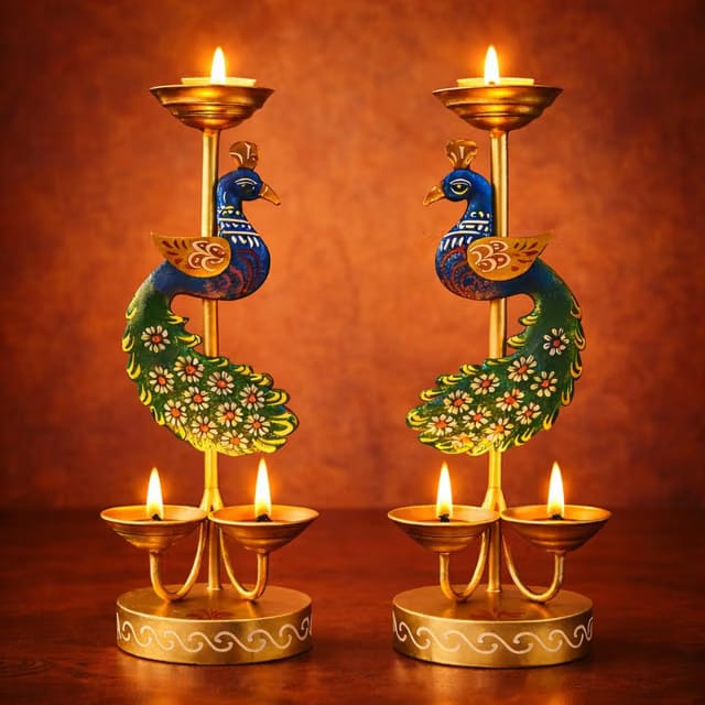 Decorative Metal Peacock Diya Stand Set of 2