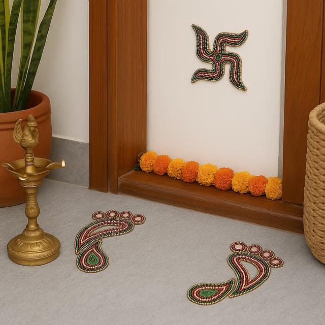 Aabhaas Design Swastik Rangoli for Diwali Floor, Wall, Table-Lakshmi Feet Rangoli-Acrylic Handcrafted Decorative Kundan