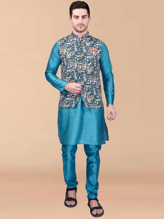PRINTCULTR Mandarin Collar Pure Silk Straight Kurta With Pyjamas & Nehru jacket