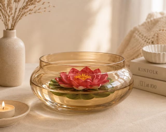 SPHINX Decorative Glass Urli Bowl with Artificial Floating Water Lily, Glass Water Bowl for Dining Table, Coffee Table