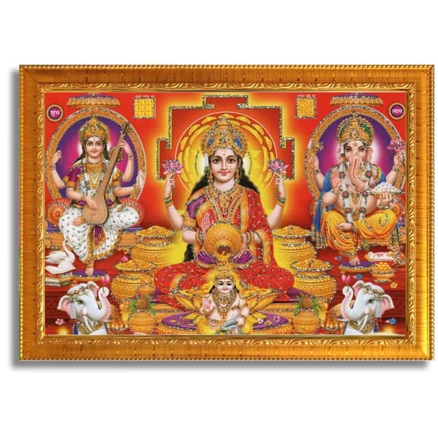 Lakshmi Devi with ganesh ji and saraswati mata Wall Painting Photo Frame for Diwali Pujan (Synthetic, Golden