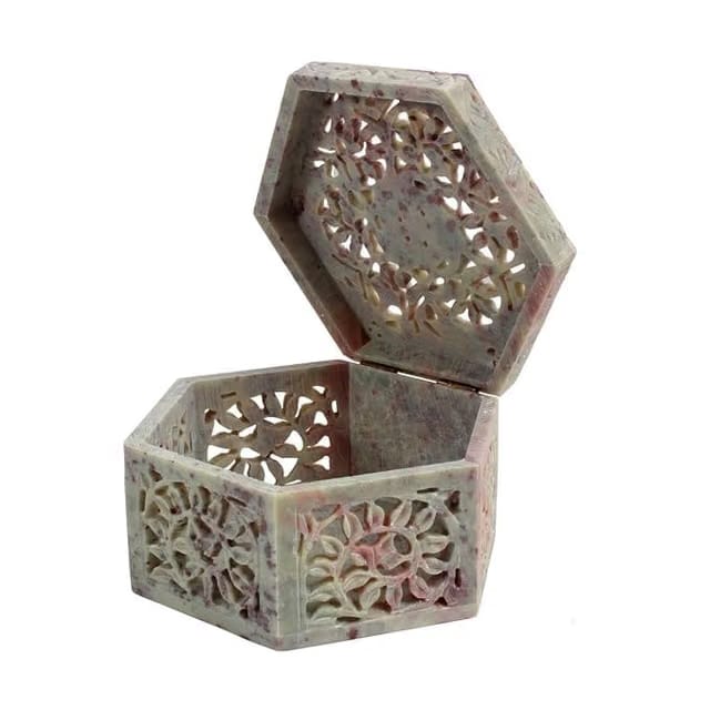 Soapstone Flower Carved Jewellery Box, Handmade Indian Floral Jewelry Storage Box