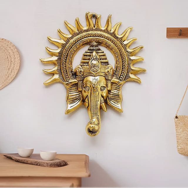 CraftVatika Ganpati Golden Metal Sun Decorative Ganesha Wall Hanging Diwali Decoration Items for Home Decor Gift Diwali