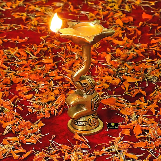 Brass Elephant Tall Diya Oil Lamp, 5 in