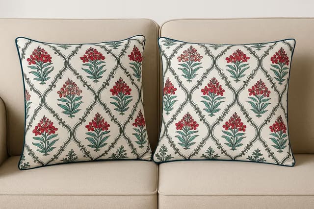 RRC Cotton Set of 2 - Soft Floral Hand Block Jaipuri Print Cushion Covers,24X24(Inches) Square Home Decor Cushion