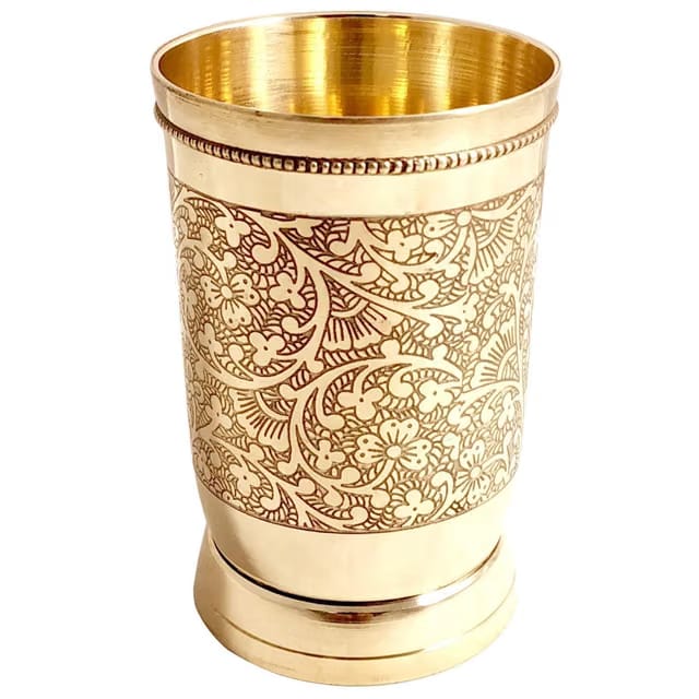 Shubhi Kitchenware's Premium Brass Embossed Glass Tumbler with Antique Engraving