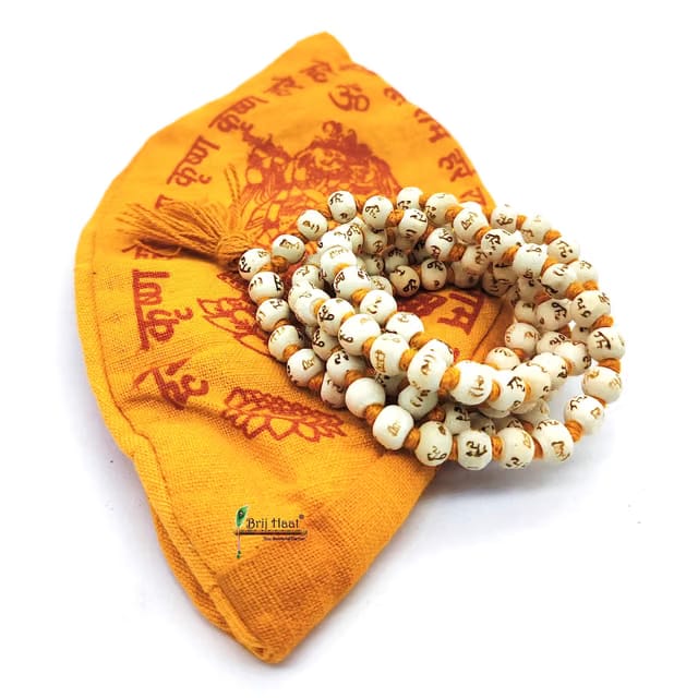 Women Tulsi Wood Carving Of Hare Ram Hare Krishna Carving On White Japa Mala 108+1 Beads With Cotton Gaumukhi Jaap Bag