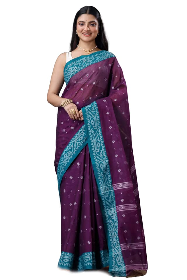 Bengal's Hand Woven Pure Premium Cotton Jamdani Border Tant Saree, Without Blouse Piece