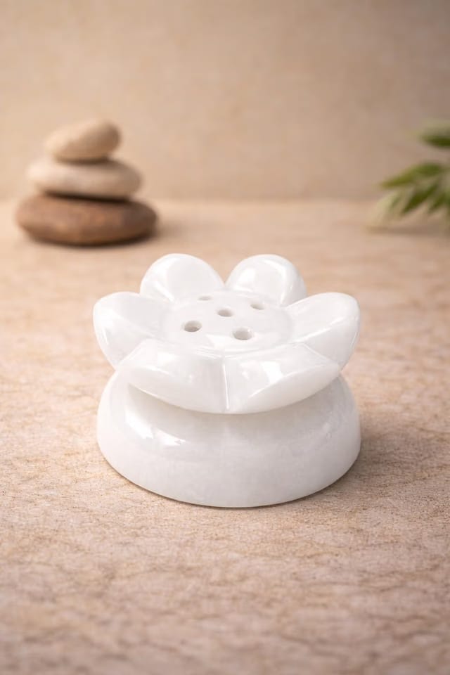 Venktesh Designs White Marble Lotus Agarbatti Stand, White Flower Design Incense Stick Holder