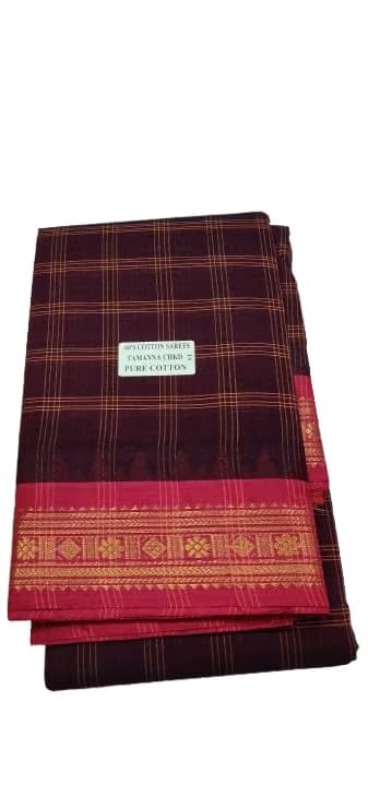 Brown Pink Color Chettinad Checked 100% Cotton Traditional Thread Jari Border Festival Special Saree Amri Fashion