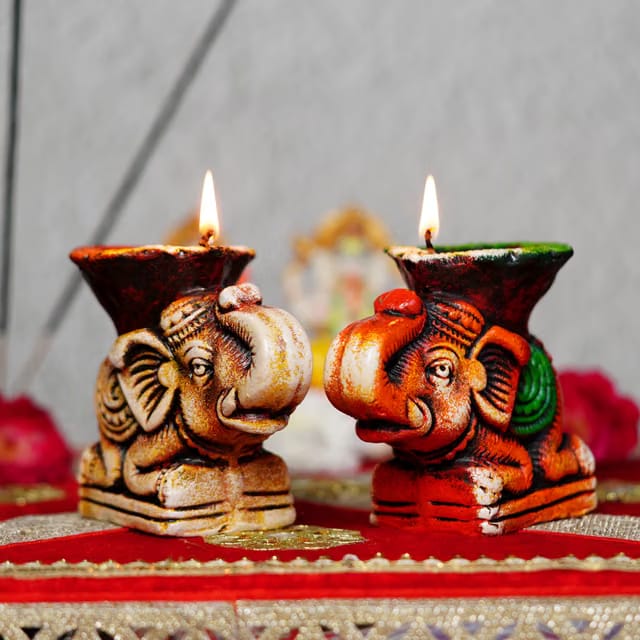 Handmade Terracotta Hathi Clay Diya for Diwali Set of 2