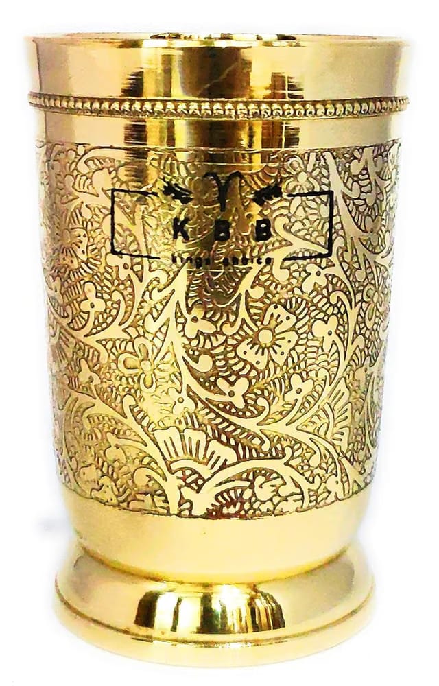 Pure Brass Glass Tumbler with Etching Art Finish, Indian HANDWORKED,