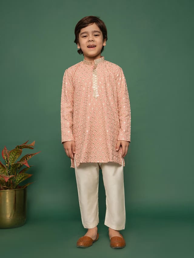 Boys Embroidered Regular Thread Work Kurta with Pyjamas