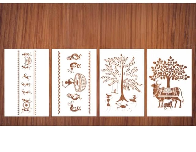 Pack of 4 Reusable Wall Painting Stencils - Traditional Warli Tribal Art Borders, Tree of Life & Kamdhenu Cow Design