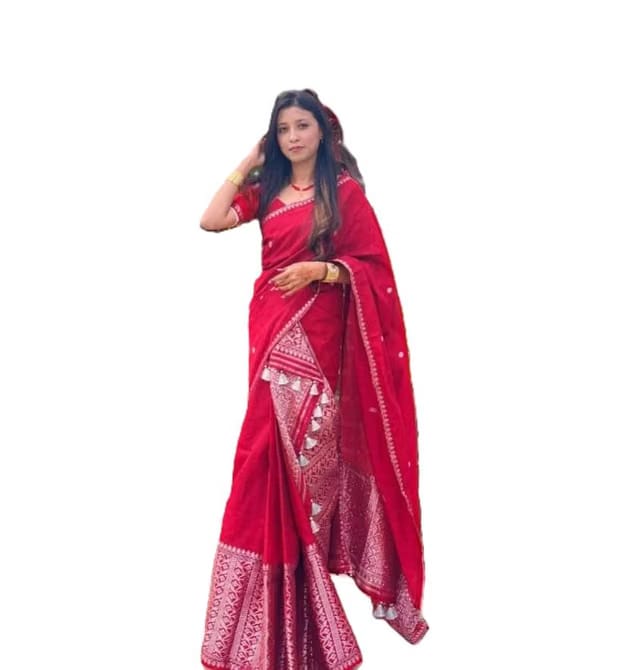 Mekhela Chador Assamese Poly Silk Zari Woven Ethnic Two Piece Outfit With Running Blouse Piece Red Free Size(NOT SAREEE)
