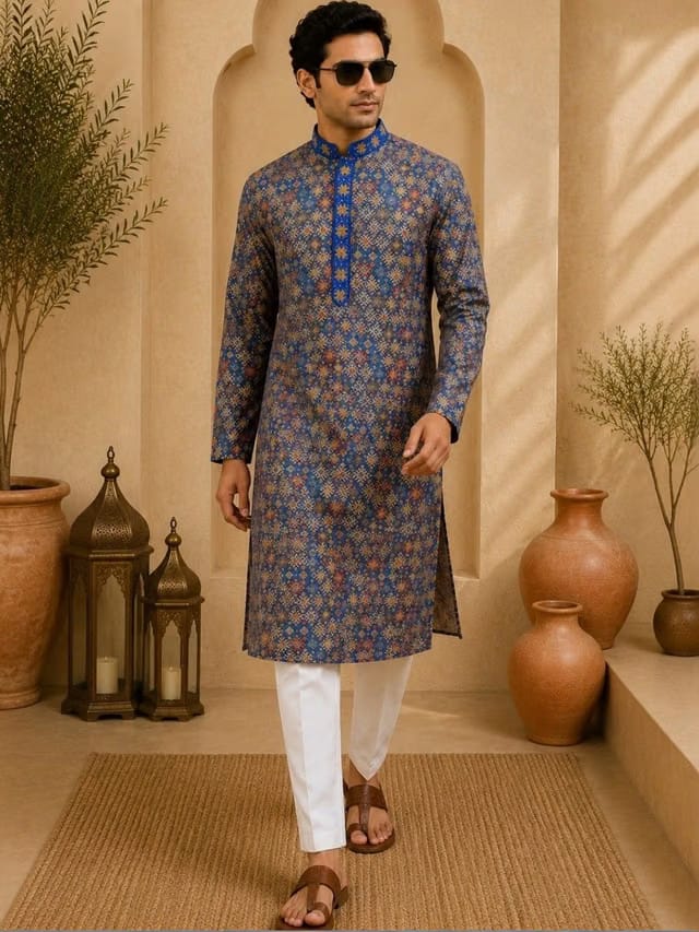 Men Ethnic Motifs Printed Regular Sequinned Kurta with Pyjamas