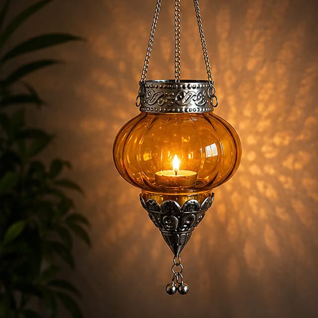 Hanging T-Light Candle Holder Lantern with Amber Glass, Ornate Metal Detailing & Decorative Chain