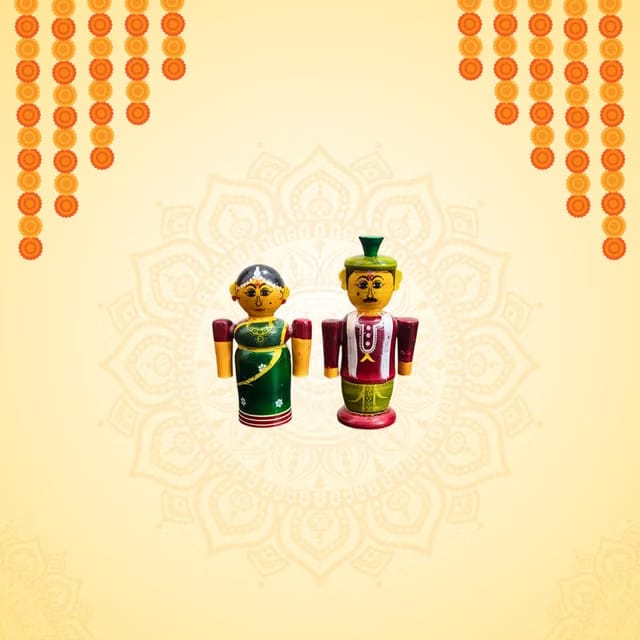 Mini 4 inch Wooden Raja Rani Couple Doll for Puja, Home Decor & Wedding Gift