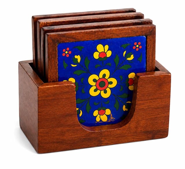 Sheesham Wood Blue Pottery Tea Coaster Set of 4 with Holder