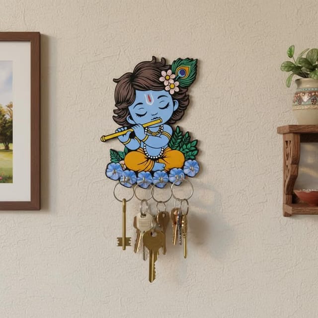 Cute Krishna Wall-Mounted Key Holder, Decorative MDF Wood, 20x25 cm, 7 Hooks, Blue UV Printed Design