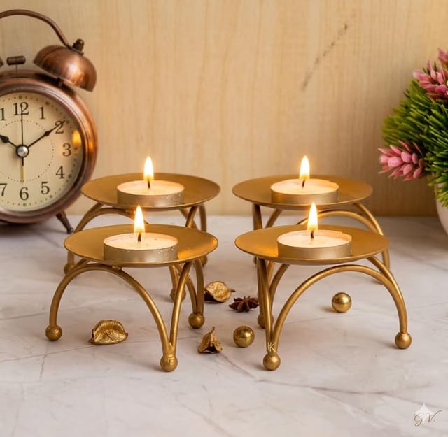 S.S Handicraft Set of 4 Gold Metal Tealight Candle Holders - Decorative T-Light Stands for Home Decor, Diwali, Weddings